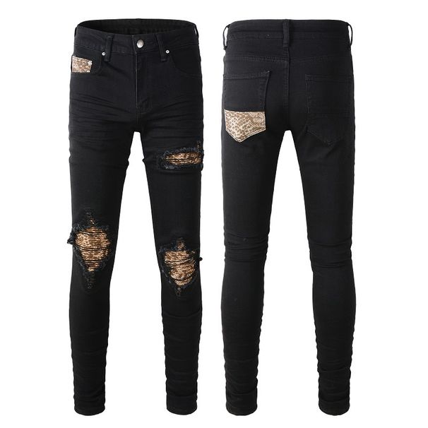 Men's Clothing American High Street Black Men's Cross Border Jeans Slim Fit Ripped Leopard Patch Beggar Stretch Trendy Men's Clothing_mkmklike.com