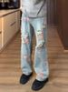 Rose Full Of Ripped Jeans Men's Summer Ruffian Handsome High-end Pants American High Street Vibe Micro-pull Pants Men_mkmklike.com