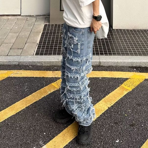 American High Street China-Chic Heavy Industry Washed Catwhisker Damaged Patch Jeans Old Beggar Fashion Slim Feet Pants_mkmklike.com