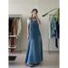 Korean Chic Niche Design Hanging Neck A-Line Denim Dress With Age Reducing Temperament, Slim And Long Skirt For Children_mkmklike.com