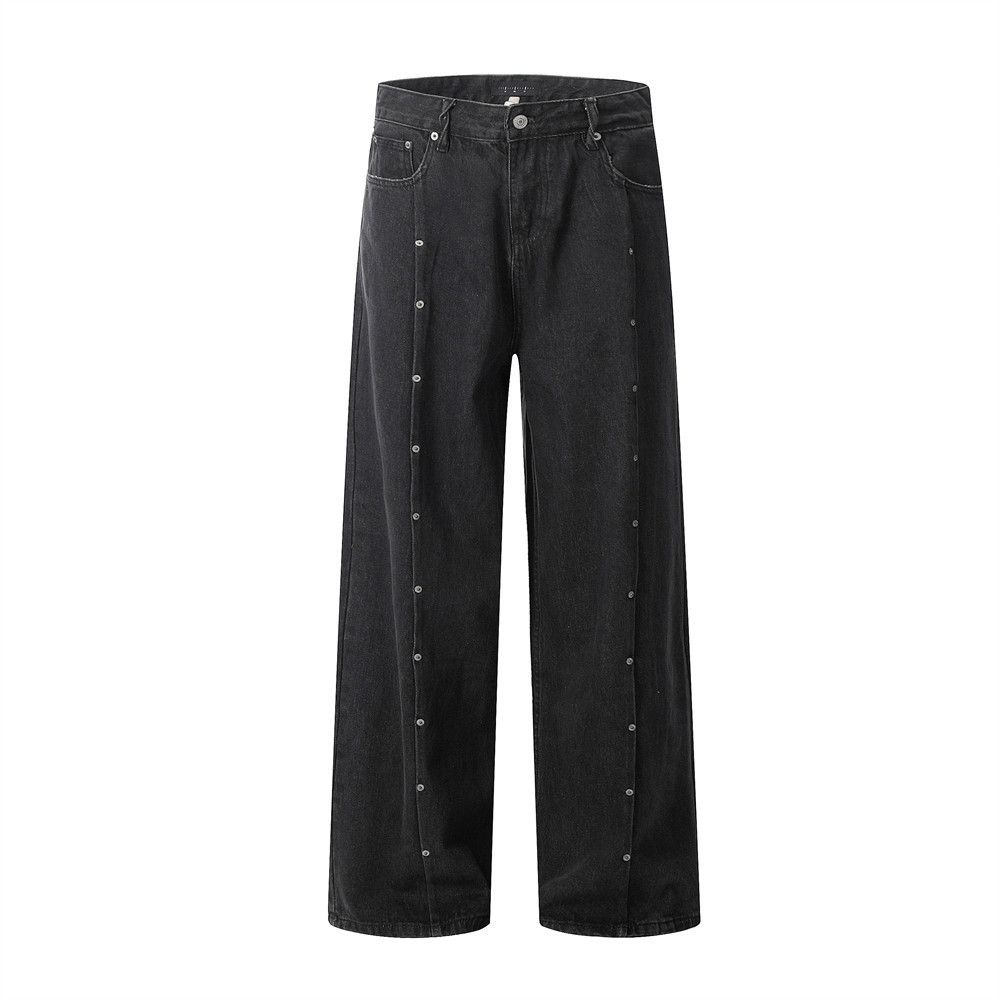 Design Sense Button Decoration Jeans Men's High Street Trend Ins Hip Hop Loose Straight Pants Wide Leg Long Trousers_mkmklike.com