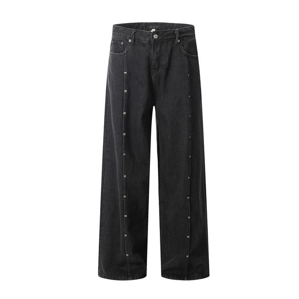 Design Sense Button Decoration Jeans Men's High Street Trend Ins Hip Hop Loose Straight Pants Wide Leg Long Trousers_mkmklike.com