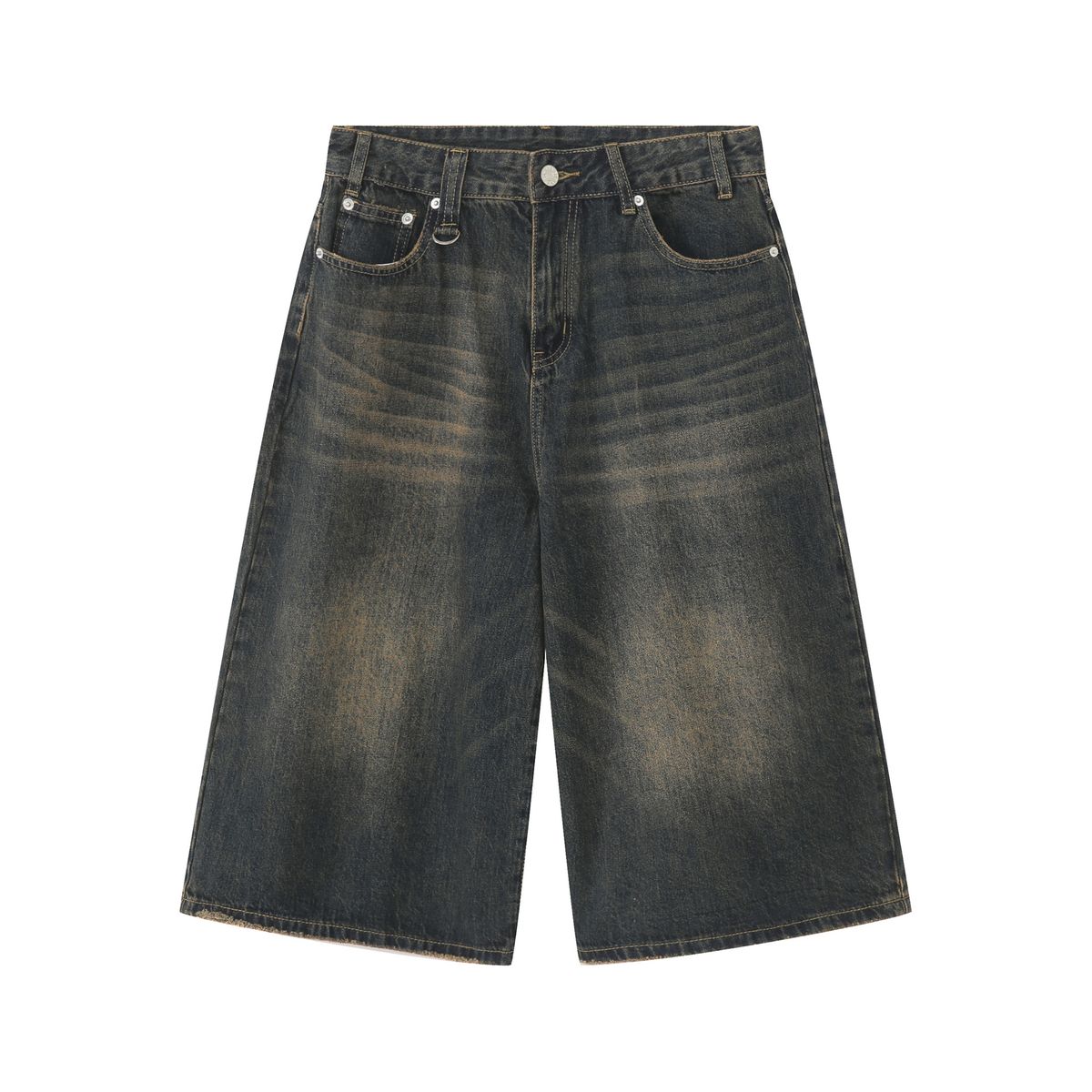 Loose Silhouette Washed Retro Distressed Three Quarter Straight Denim Shorts For Men_mkmklike.com