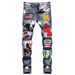 Men's Clothing Punk Fashion Slim Fit Jeans For Men With Personalized Badges Washed Retro Spray Paint High Street_mkmklike.com
