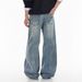 Unisex Retro Distressed Washed Straight Leg Jeans Design Slanted Placket Button Trousers Loose Floor Length_mkmklike.com