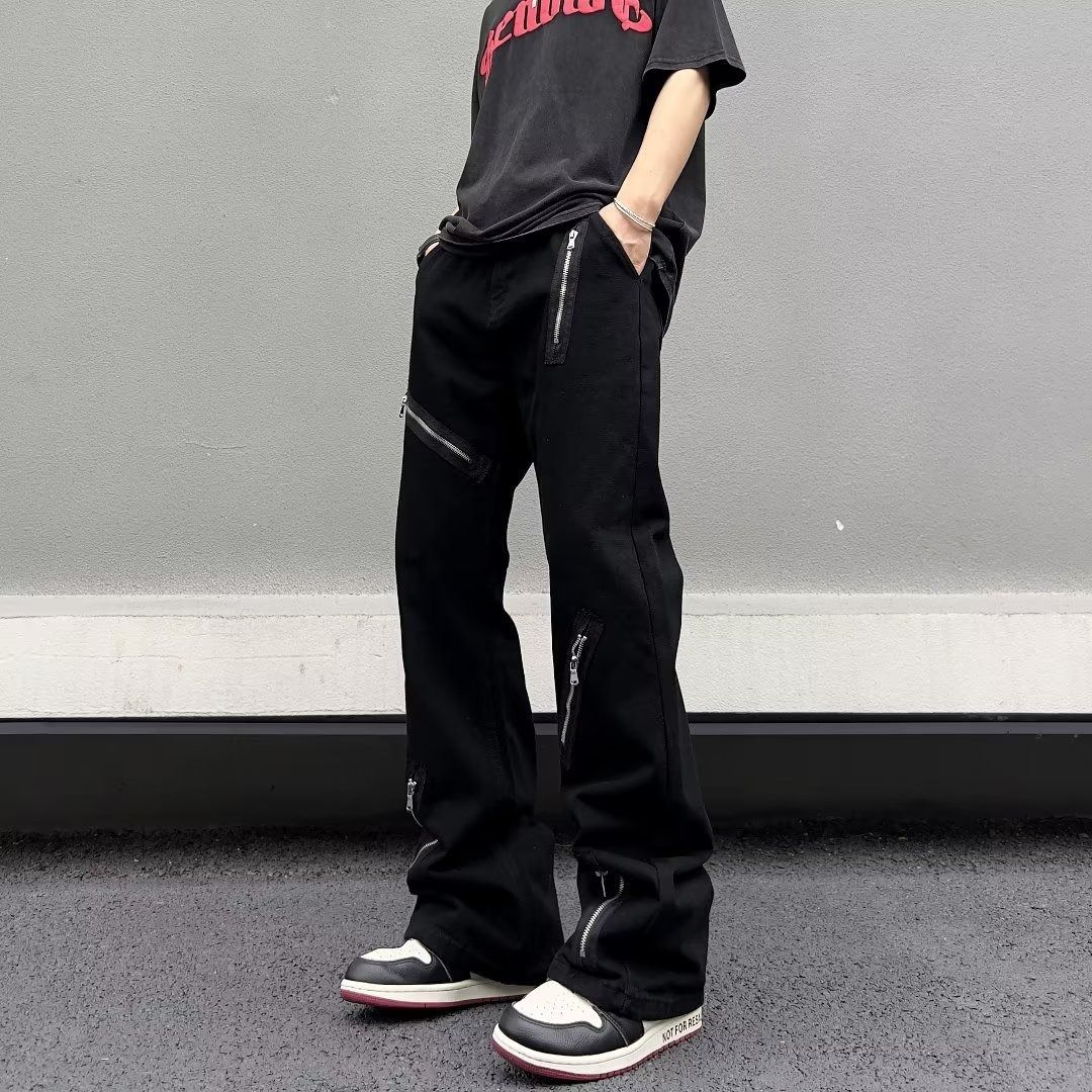 Men's Distressed Black Wide-Leg Jeans Dark Streetwear Grunge Aesthetic Multi-Zipper Design Polyester Urban Fashion_mkmklike.com