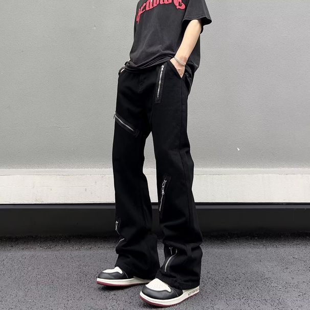 Men's Distressed Black Wide-Leg Jeans Dark Streetwear Grunge Aesthetic Multi-Zipper Design Polyester Urban Fashion_mkmklike.com