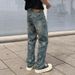 Men's Trendy Washed Straight Leg Jeans Unique Jacquard Pattern High Street Style Loose Fit American Retro Cool Versatile_mkmklike.com