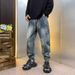 Light Blue Heavy Duty Jacquard Jeans For Men Slim Fit Elastic Waist Trendy Autumn Winter New_mkmklike.com