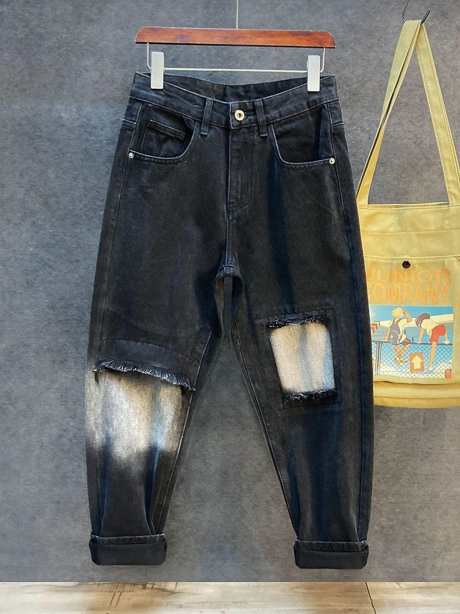 Men's Distressed Black Washed Denim Pants – Grunge Streetwear Wide-Leg Jeans With Ripped & Frayed Details_mkmklike.com