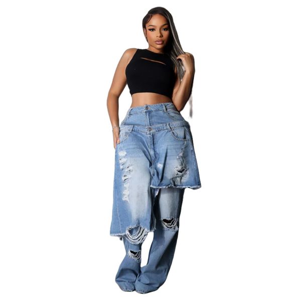 Stretch Denim Jeans Women's Straight Leg Ripped Casual Pants - Mid Waist Comfort Fit With Sand Wash Finish (Light Blue)_mkmklike.com