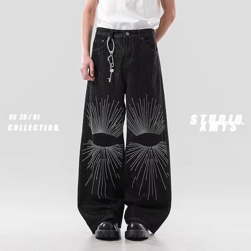 Men's Dark Hip Hop Street Style Flared Jeans Thorn Embroidered Loose Straight Leg Pants High Street Fashion_mkmklike.com