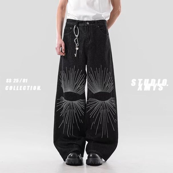Men's Dark Hip Hop Street Style Flared Jeans Thorn Embroidered Loose Straight Leg Pants High Street Fashion_mkmklike.com