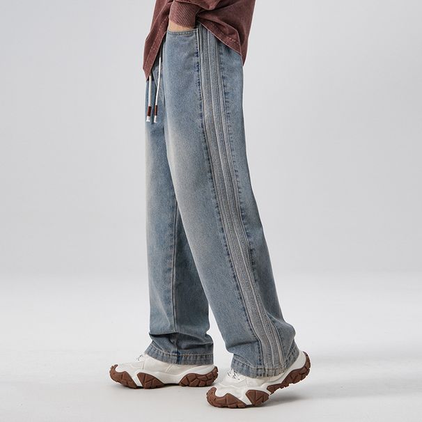 Men's Vintage Loose Fit Straight Leg Jeans – Retro Washed Denim Pants For Casual Streetwear (Blue/Black)_mkmklike.com