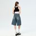 Women's High Waist Denim Bermuda Shorts - Relaxed Fit, Vintage Blue, Comfortable Cotton Blend For Casual & Office Wear_mkmklike.com