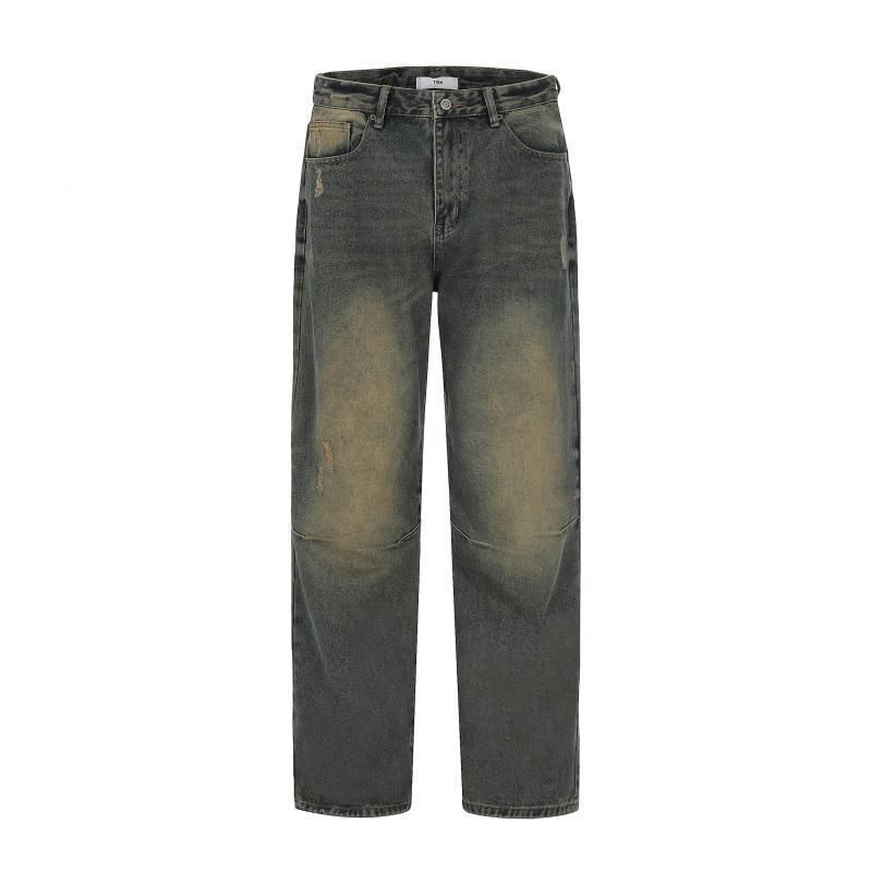 Men’s Vintage Washed Dirt-Yellow Jeans – Relaxed Straight-Leg Denim Pants For Hip-Hop & Casual Wear_mkmklike.com