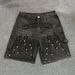 Men's Y2K Streetwear Denim Shorts - Hand-Drawn Print & Rhinestone Embellished Baggy Cargo Shorts For Summer_mkmklike.com