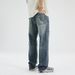 xxbro Men's Vintage Distressed Jeans – Cracked Design, Faded Wash, Retro Flared Denim Pants For Streetwear & Casual Style_mkmklike.com