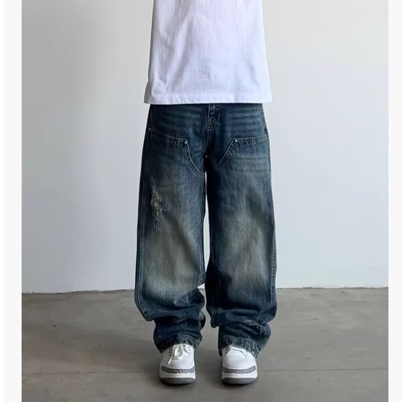 Vintage Distressed Carpenter Jeans For Men & Women - Relaxed Straight Leg Denim Pants With Raw Hem & Contrast Stitching_mkmklike.com