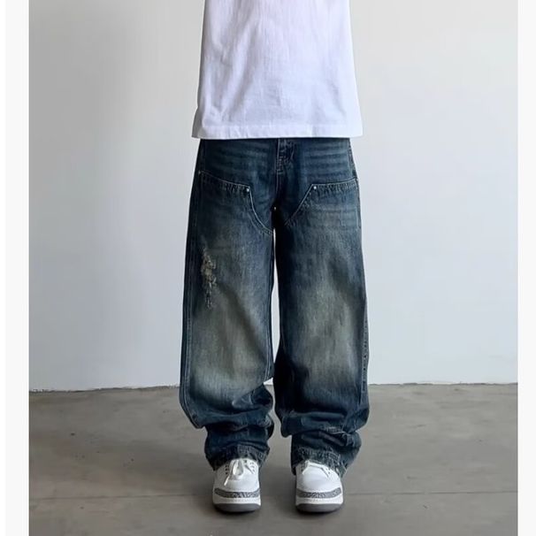Vintage Distressed Carpenter Jeans For Men & Women - Relaxed Straight Leg Denim Pants With Raw Hem & Contrast Stitching_mkmklike.com