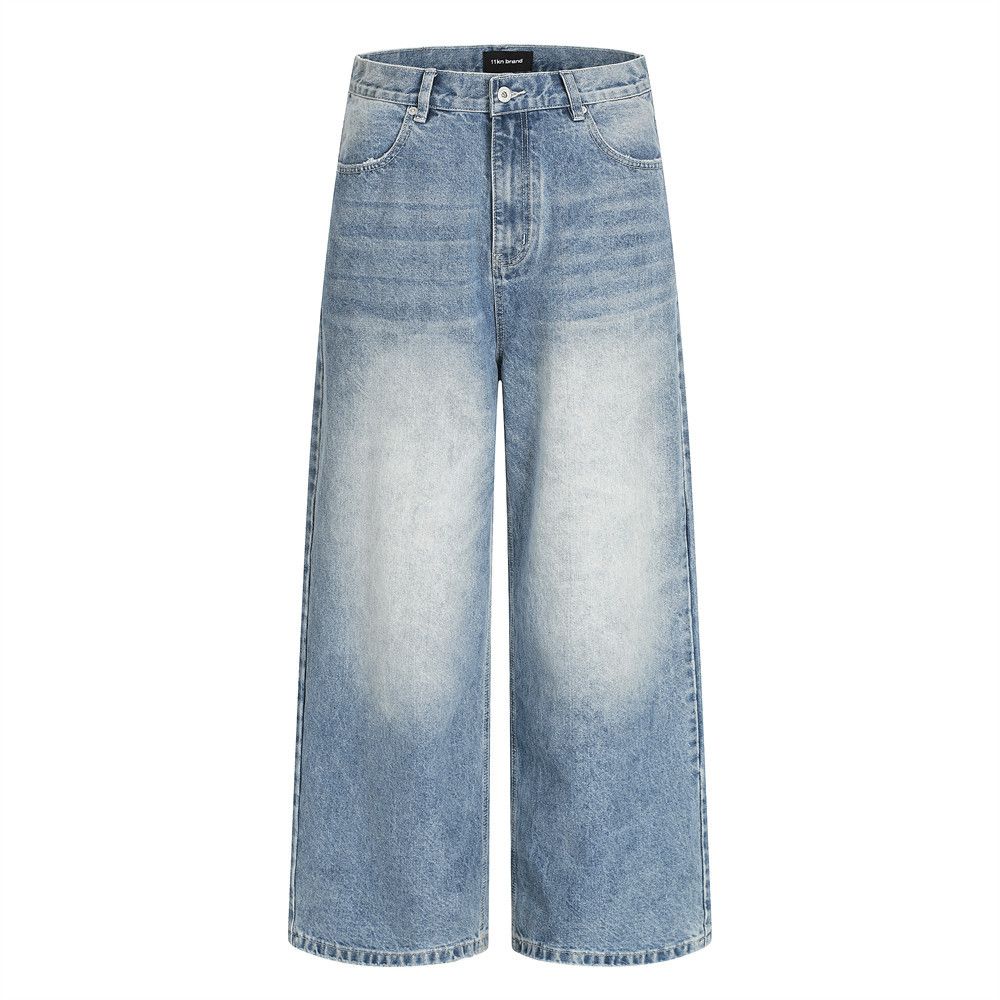 Punk Vintage Loose Wide-Leg Jeans For Men Adjustable Buckle Handmade Distressed Washed Straight Pants Trendy_mkmklike.com