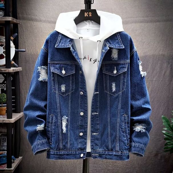 Streetwear Distressed Denim Jacket Men's Oversized Boyfriend Style Vintage Washed Workwear Coat With Raw Hem Detailing_mkmklike.com