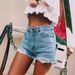 European American Vintage Classic High-waisted Denim Shorts With Side Slits, Holes, And Cat_mkmklike.com