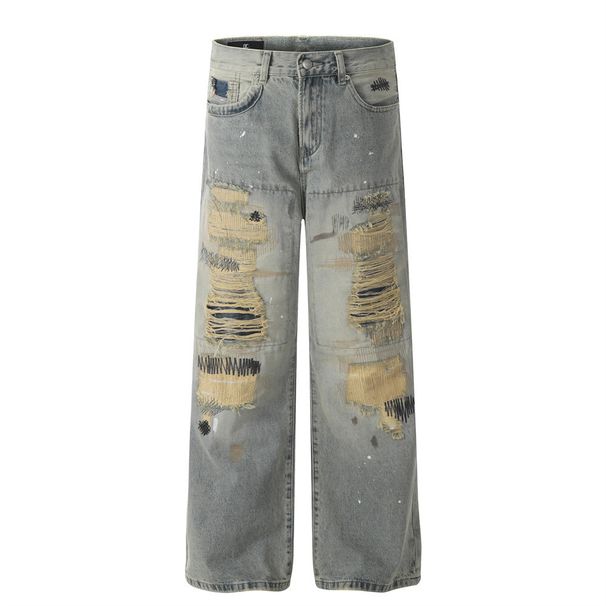 Ripped Patch Jeans Men's Streetwear Trendy Brand Washed Vintage High Street Hip Hop Loose Casual Straight Long Pants_mkmklike.com