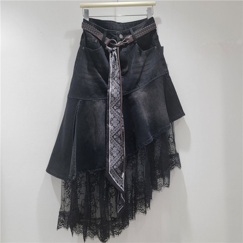 Asymmetrical Denim Midi Skirt With Lace Trim & Detachable Scarf Belt – High-Low Hem A-Line Skirt (S-XXL)_mkmklike.com