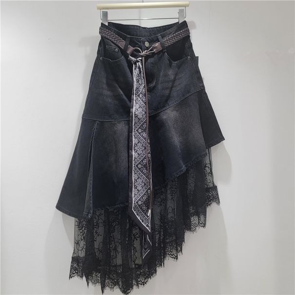 Asymmetrical Denim Midi Skirt With Lace Trim & Detachable Scarf Belt – High-Low Hem A-Line Skirt (S-XXL)_mkmklike.com