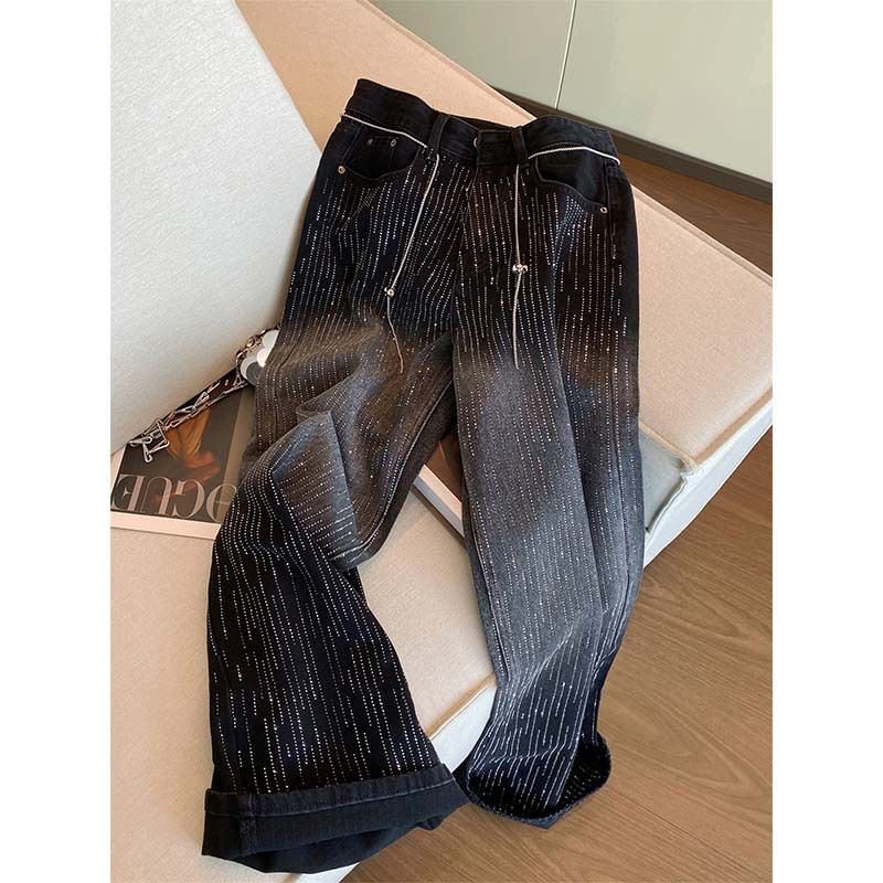 Embroidered Straight Jeans For Women - High Waist Wide Leg Pants With Rhinestones, Classic Black Fashion Trends_mkmklike.com