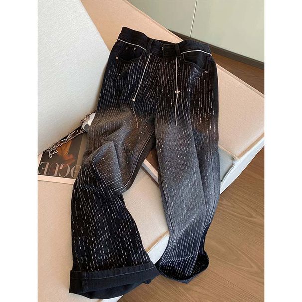 Embroidered Straight Jeans For Women - High Waist Wide Leg Pants With Rhinestones, Classic Black Fashion Trends_mkmklike.com