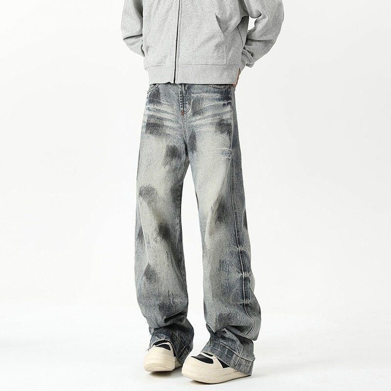 American Heavy Industry Tie-dye Jeans Men's Trendy Brand Ruffian Handsome Loose Wide-leg Pants Retro Old Scratched Ripped And Slightly Pulled Pants_mkmklike.com