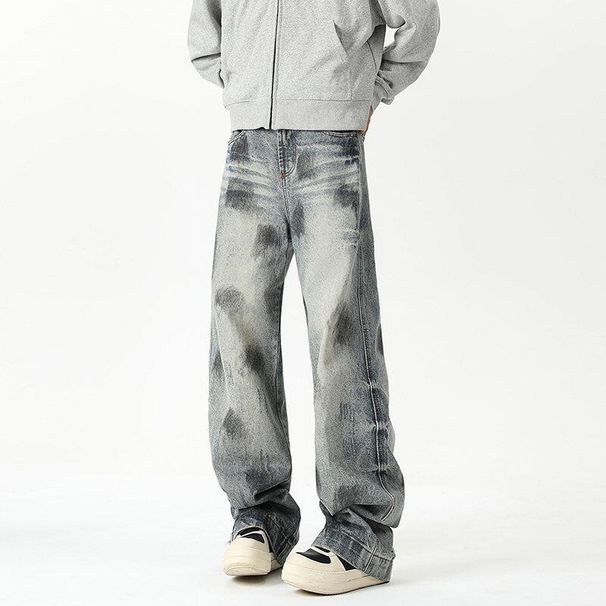 American Heavy Industry Tie-dye Jeans Men's Trendy Brand Ruffian Handsome Loose Wide-leg Pants Retro Old Scratched Ripped And Slightly Pulled Pants_mkmklike.com