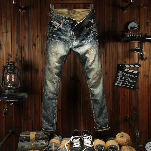 Men's Slim Straight Distressed Jeans Vintage Patchwork Ripped Denim Pants for Casual Streetwear_mkmklike.com