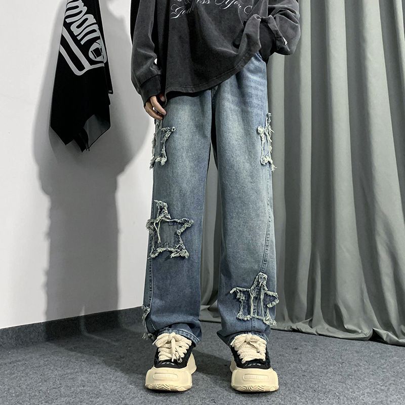 Men's Star Print Jeans - Hong Kong Style Loose Straight Wide Leg Pants | Hip Hop Streetwear (Black/Blue/Gray)_mkmklike.com