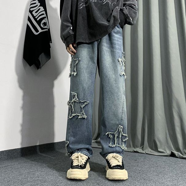Men's Star Print Jeans - Hong Kong Style Loose Straight Wide Leg Pants | Hip Hop Streetwear (Black/Blue/Gray)_mkmklike.com