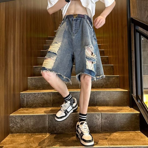 American High Street Hip-Hop Distressed Summer Wide-Leg Denim For Men Loose Straight Cat Whiskers Destroyed Five-Point_mkmklike.com