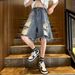 American High Street Hip-Hop Distressed Summer Wide-Leg Denim For Men Loose Straight Cat Whiskers Destroyed Five-Point_mkmklike.com