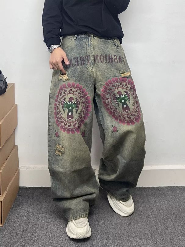 American Retro Printed Jeans Men's Loose Straight Wide-leg Pants Destroy The Trend Of Washing, National Style Trousers 2026 Tide_mkmklike.com