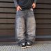 Men's Dark Gray Embroidered Skull Wide-Leg Jeans – Streetwear Loose Fit Pants, Gothic Punk Fashion_mkmklike.com