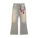 Men's Vintage Washed Yellow Mud Flared Jeans - Loose Fit High Street Denim Pants With Embroidery_mkmklike.com