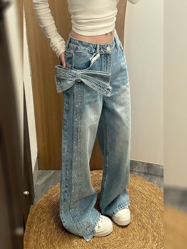 Women's Stylish Rhinestone 3D Bow Tie Wide Leg Jeans Casual Denim Pants Spring Fashion Versatile_mkmklike.com