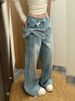 Women's Stylish Rhinestone 3D Bow Tie Wide Leg Jeans Casual Denim Pants Spring Fashion Versatile_mkmklike.com