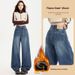 Denim Blue Curved Wide-leg Jeans For Women, 2025 Autumn/winter, Fleece-lined, Stylish, Loose-fitting, Slimming,_mkmklike.com
