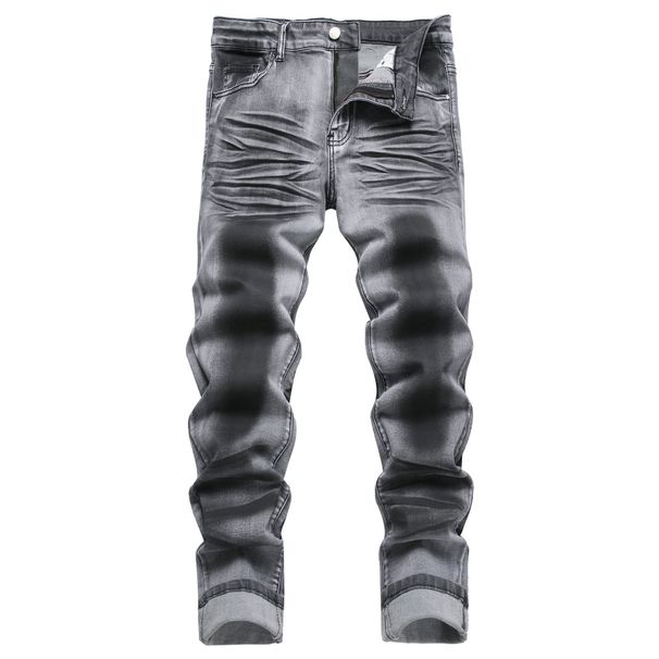 Men's Gray Graffiti Coated Stretch Jeans | Urban Artistic Denim Pants With All-Over Print_mkmklike.com