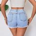 Women's Pearl-Embellished Denim Shorts – Classic Mid-Rise Straight Cut For Casual & Office Wear (Medium Blue/Light Blue, S-XL)_mkmklike.com