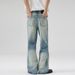 Vintage Washed Blue Gradient Jeans – Distressed Straight-Leg Bell Bottom Denim Pants With Cat Whisker & Fading Details ( Non-Stretch, S-3XL)_mkmklike.com