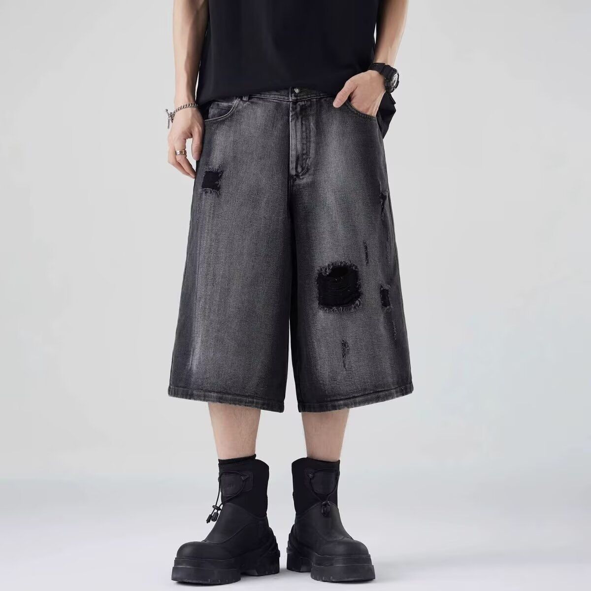 Men's Trendy Distressed Jeans Summer Washed Capri Pants Relaxed Stylish Artistic Fashionable Casual Denim Shorts_mkmklike.com