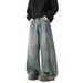 Vintage Washed Denim Jeans For Men – Retro Wide-Leg Flared Pants With Contrast Stitching, 90s Baggy Streetwear Style, Distressed Loose Fit_mkmklike.com